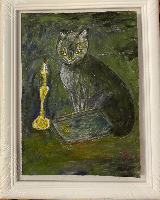 Tablou Pisica, interbelic, ulei pe carton, 13x18 cm