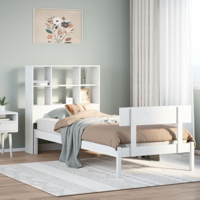 vidaXL Pat cu bibliotecă fără saltea, alb, 90x200 cm, lemn masiv pin 3321803