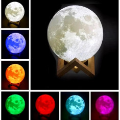 Moon Lamp 3D 15cm Lampa Luna LED Multicolor Stand Lemn USB foto