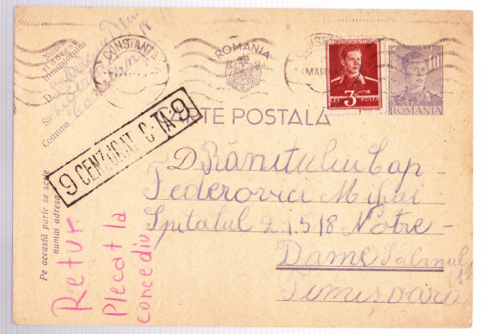 AMS# - CARTE POSTALA PRINTATA CENZURAT CONSTANTA - 9, 1942