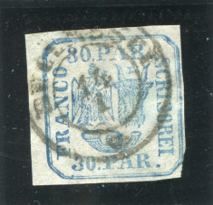 1862 , Lp 10 , Principatele Unite 30 Parale albastru deschis - stampilat foto
