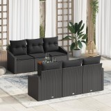 vidaXL Set de canapele de grădină cu 7 piese, perne incluse, negru, din ratan sintetic și acacia.