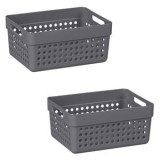 Set 2 Coșuri de Depozitare din Plastic, Antracit, Perforate, cu M&acirc;nere, 1,25 L, CMCLASS