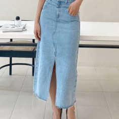 Fusta midi din denim, cu slit si buzunare, albastru, dama, Shein