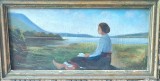 Tablou vintage &bdquo;Fată la malul apei&rdquo; &ndash; ulei pe carton, pictură rustică originală