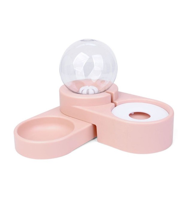 Bol dublu cu dozator de apa pentru pisici sau caini, roz