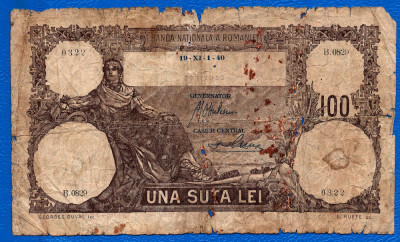 (1) BANCNOTA ROMANIA - 100 LEI 1940 (1 NOIEMBRIE), MAI RARA foto