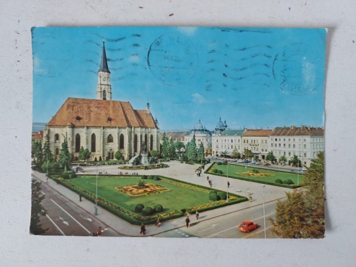 Carte postala, vedere Cluj, Piata Libertatii, circulata, anii 70