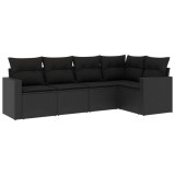 Set mobilier de gradina cu perne, 5 piese, negru, poliratan