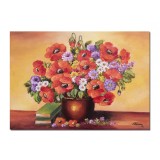 Tablou vaza cu maci imperiali, margarete si carti pictat manual, 70x50cm ulei pe panza
