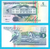 Surinam (p#136) 5 Gulden 1998 UNC 'Exploatare forestieră'; (ROG CITITI DETALIILE!); Emisiunea "Clădirea Băncii Centrale"
