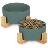 Set 2 Boluri Ceramica cu Suport Bambus Navaris, 850ml, Verde, Caini si Pisici, Inaltate