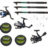 Set 3 mulinete echipate pentru pescuit sportiv cu lansete eastshark de 3.6m, trei gute si 3 montura, EAST SHARK