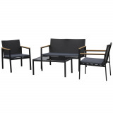 Cumpara ieftin Outsunny Set Mobilier Gradina din Ratan cu 4 Piese 2 Scaune Terasa cu Brate, Banca si Masa de cafea in Otel, 80x42x37cm Culoarea Negru | Aosom.ro