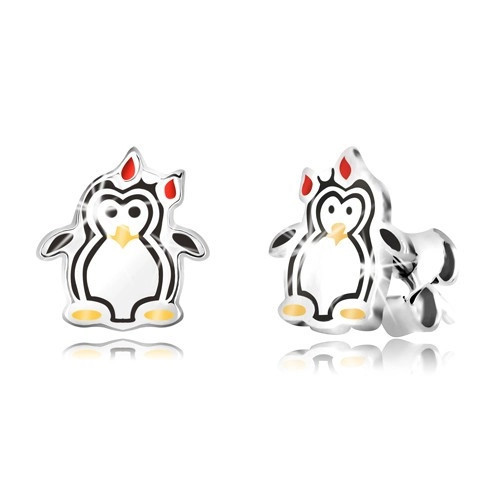 Cercei argint 925 - pinguin lucios cu arc, smalț &icirc;n trei culori