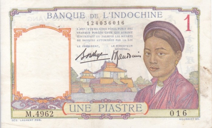 INDOCHINA 1 piastre ND (1936) XF+!!!
