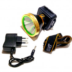 Lanterna de cap, 7 cm, rezistenta la apa, curea elastica, switch on/off, inclinare reglabila, incarcator, functie stroboscop, Negru/Auriu