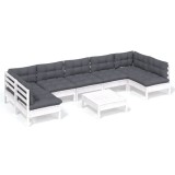 Set mobilier de gradina cu perne, 8 piese, alb, lemn masiv pin