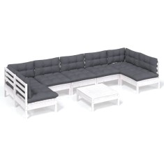 Set mobilier de gradina cu perne, 8 piese, alb, lemn masiv pin