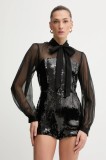 Bardot salopetă culoarea negru, cu decolteu legat, 60089PB
