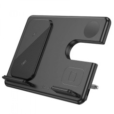 Statie incarcare wireless Hoco CQ2 pentru telefon, smart watch si casti, 15W, Negru