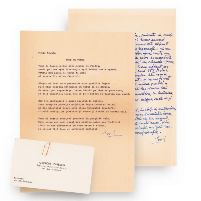 Arh. Grigore Ionescu, carte de vizită + scrisoare adresată lui Geo Dumitrescu + o traducere din Pablo Neruda