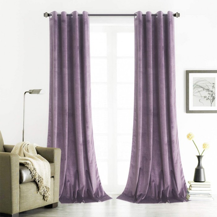 Set draperii din catifea cu inele albe, Madison, 250x265 cm, densitate 700 g/ml, Lavanda, 2 buc