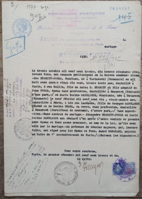 Extracte din registru privind casatoria a doi romani la Paris, anii &amp;#039;30 foto
