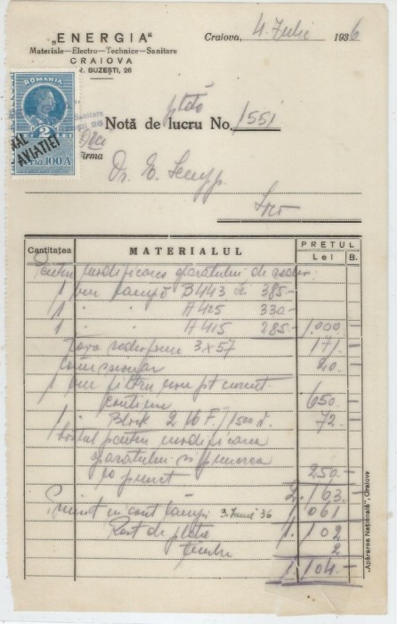 Romania, &quot;Energia&quot;, Materiale-Electro-Technice-Sanitare, Comanda 1, Craiova, 1936