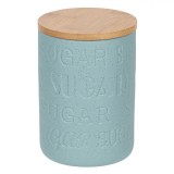 Borcan Ceramic, Model Reliefat, Capac Bambus, Gri Albastru, Capacitate 0,65L, Oem