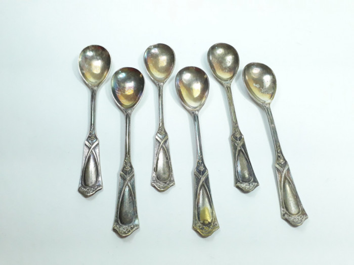 M Set 6 lingurite vechi placate cu argint, argintate, model Art Nouveau