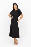 Cumpara ieftin Rochie Neagra Eleganta Midi Spate Gol Kings&amp;Clowns, Maneci Cazute, Buzunare, Fabricata in Romania