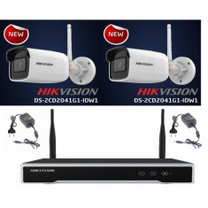 Sistem supraveghere video exterior wireless 2 camere IP 4 Mp Hikvision IR 30 metri NVR 4 canale foto