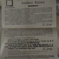 Afiș electoral MANIFESTUL PARTIDULUI NAȚIONAL N. IORGA - 1927