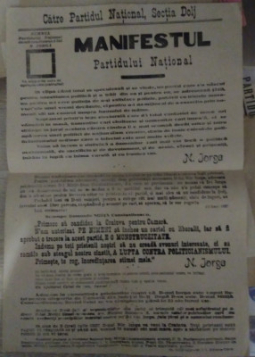 Afiș electoral MANIFESTUL PARTIDULUI NAȚIONAL N. IORGA - 1927 foto