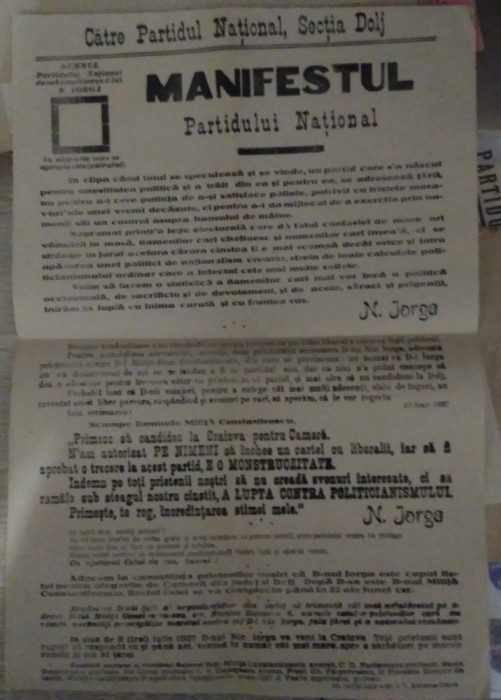 Afiș electoral MANIFESTUL PARTIDULUI NAȚIONAL N. IORGA - 1927