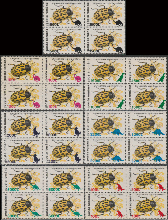1999 Romania - Insecte II supratipar animale preistorice, LP 1480 blocuri de 4