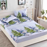 Husa de pat cu elastic Craciun,om de zapada cu brazi 180x200cm D051