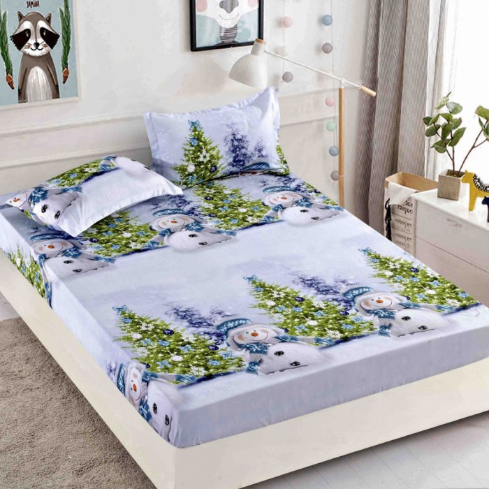 Husa de pat cu elastic Craciun,om de zapada cu brazi 180x200cm D051