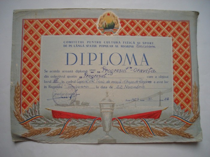 Diploma Comitetul pentru Cultura Fizica si Sport, 1953, tenis de masa