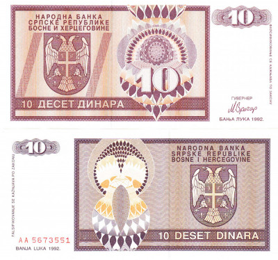 Bosnia Hertegovina 10 Dinari 1992 P-133 UNC foto