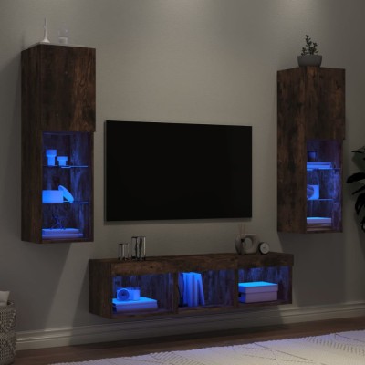 vidaXL Unități de perete TV cu LED-uri, 5 piese, stejar fumuriu, lemn foto