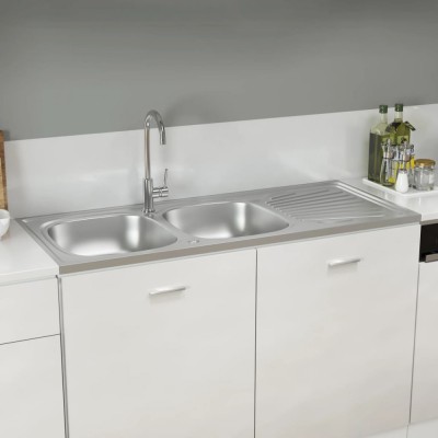 vidaXL Chiuvetă bucătărie cu 2 cuve, argintiu, 1200x600x155 mm, oțel foto