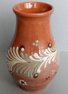 Vaza germana din ceramica smaltuita, cu motiv floral pictat de mana, anii 60 foto