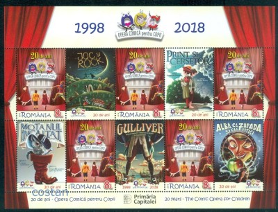 2018 - Romania,LP.2190 c,Mi.7367 KB,OPERA Comica pentru Copii,Minicoala de 5 + 5 Vignete,Nestampilat foto