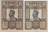 ROMANIA 2 X 50 BANI 1917 Ferdinad aVF variante de culoare