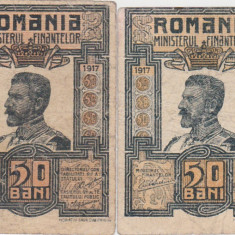 ROMANIA 2 X 50 BANI 1917 Ferdinad aVF variante de culoare