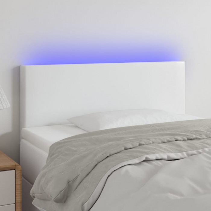 vidaXL Tăblie de pat cu LED, alb, 80x5x78/88 cm, piele ecologică