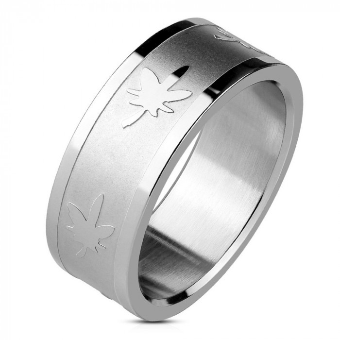 Inel din oțel de culoare argintie - margini lucioase, frunze de marijuana, 8mm - Marime inel: 67