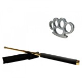 Cumpara ieftin Set Autoaparare: Baston Telescopic Auriu 65cm + Box Argintiu 1cm - Metalic, Husa Curea, Compact 20cm